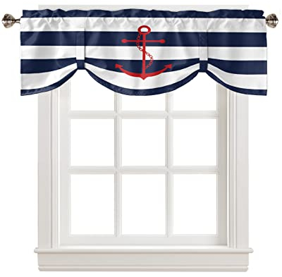 Anker Tie Up Volants für Fenster, nautisches Thema, roter Anker, marineblau, weiß, gestreift, Stangentasche, kurzer Fenstervolant, Vorhang, Urlaub, Heimdekoration, Fensterbehandlung für Küche,