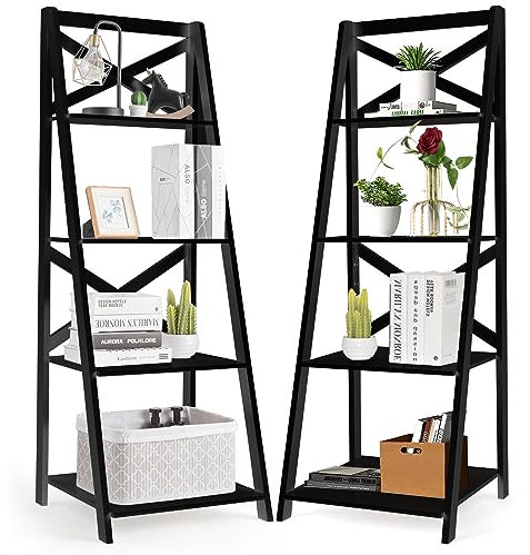 HOMASIS Leiterregal mit 4 Ablagen, Bücherregal holz, Standregal mit Anti-Kipp-Vorrichtung, Aufbewahrungsregal zur Bücher & Pflanzen, Treppenregal Raumteiler für Wohnzimmer, Badzimmer & Büro (2, Black)
