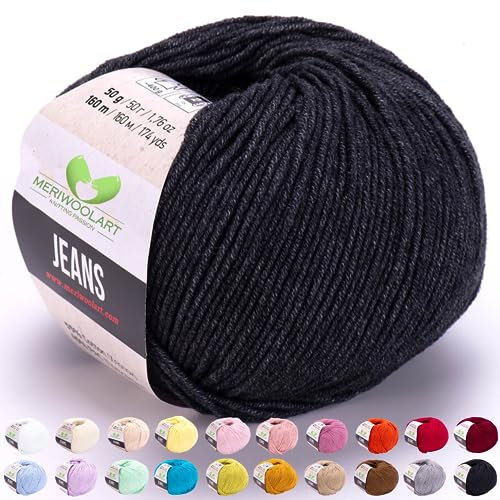 MeriWoolArt® Graphit Baumwollgarn zum Stricken und Häkeln, Textilgarn, Stoffgarn, Baby Wollgarn für Handarbeiten, Babykleidung, Amigurumi, Babydecke, Pullover, Mützen und Accessoires