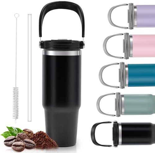 TOPAHGOD Travel Mug, 900ml/30oz Insulated Cup with Handle, Double Wall Vacuum Stainless Steel Coffee Mug with Straw & Lid, Reusable Leak Proof Travel Mugs for Hot Drinks, Coffee and Tea (Black)