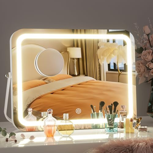 Hasipu Kosmetikspiegel mit Licht, 35 x 27cm LED Schminkspiegel, 3 Lichtmodi, Smart Touch Control dimmbar, 360ーRotation, rechteckiger weißer Rahmen, mit 5facher Lupe