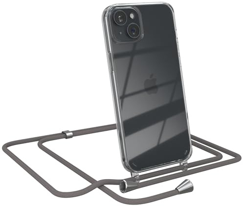 EAZY CASE Handykette kompatibel mit iPhone 15 Plus Handyhülle mit Umhängeband, Handykordel mit Schutzhülle, Silikonhülle, Hülle mit Band, Stylische Kette für Smartphones, Anthrazit