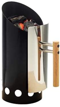 Joyagrill Démarreur de cheminée à charbon de bois double émaillé avec bouclier thermique et poignée en bois, excellente isolation thermique, démarreur de charbon pour gril, prise en main facile, noir
