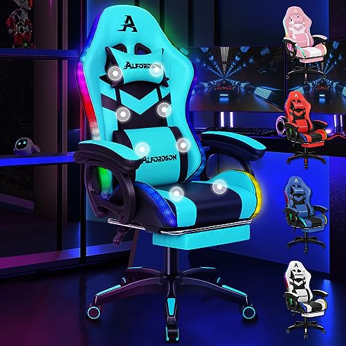 ALFORDSON LED Silla Gaming, Silla Gamer con Masaje de 8 Puntos, Silla de Ordenador Ergonómico con Iluminación RGB con Soporte Lumbar y Reposacabezas, Altura Ajustable, Cian