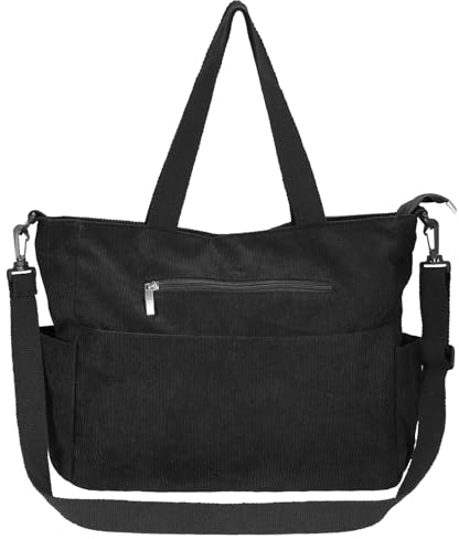 Fentar Sac Velours Cotelé Femme, Cabas Grand Format, Fourre Tout Noir, Grand Sac à Main de Mode, de Cours Travail avec Fermeture Éclair & Bandoulière Réglable