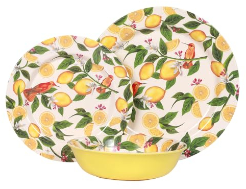 Melamine Dinnerware Sets 12 Pcs, Melamine Plates, Party Plates and Bowls Sets, Camping Dishes Set for 4, Unbreakable, BPA Free, Dishwasher Safe Lemon