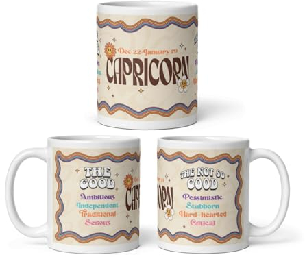 DV DESIGN 1 x Steinbock-Tasse – Positiv Negativ Gute Schlechte Eigenschaften Sternzeichen Sternzeichen Horoskop Witz Lustig Groovy Astrologie Getränke Becher Tasse Küche #81904