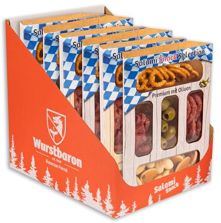 Snack Selection Premium Olive 6er Set, Snackbox mit Salami, Salzgebäck, Gebäckherzen und Oliven, 6 x 80g Snacks
