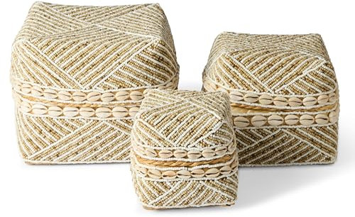 Karmagonia 3er Set Aufbewahrungsbox mit Deckel aus Bambus - handgemachte Boho Deko Boxen mit Perlen bestickt - Aufbewahrungskorb eckig, Deko Korb geflochten
