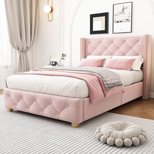 PUGSDRLY Bett 90 x 200 cm mit Lattenrost, Einzelbett mit gepolstertem Kopfteil, Veloursstoff, Nietendesign, Füße aus Holz, für Kinder, Jugendliche, Erwachsene, ohne Matratze, Rosa