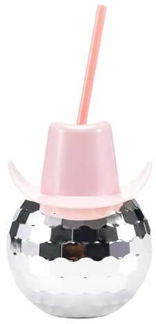 Qianderer Disco Ball Cups Pink Cowgirl Hat Cups with Straw, Mirror Ball Cups Disco Party Supplies Wine Cocktail Glass Drinking Tea Bottle for Cocktail Party (Pink)