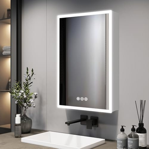 EMKE Single Door Illuminated Bathroom Mirror Cabinet with Shaver Socket, 400x600mm Bathroom Storage Cabinet with Anit-Fog, Dimmable & 3 Colors, Memory Function, Easy to Install, White