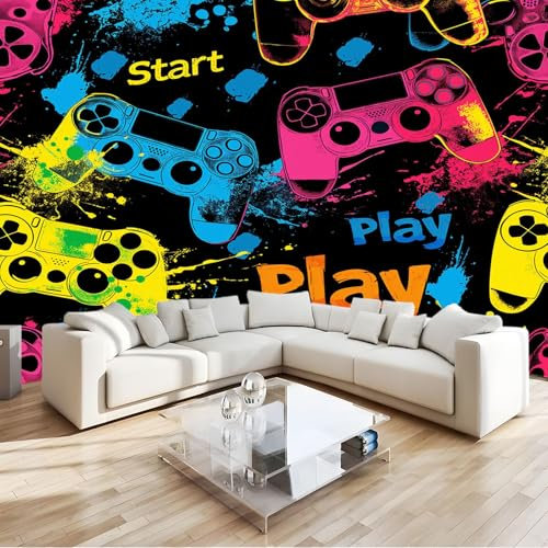 Générique Art Papier Peint Intissé 3D Manette De Jeu Graffiti Noir 200x140 cm Muraux Tapisserie Photo Décoration Murale, Papier Peint Salon Chambre Bureau Couloir Peinture Murale Décor