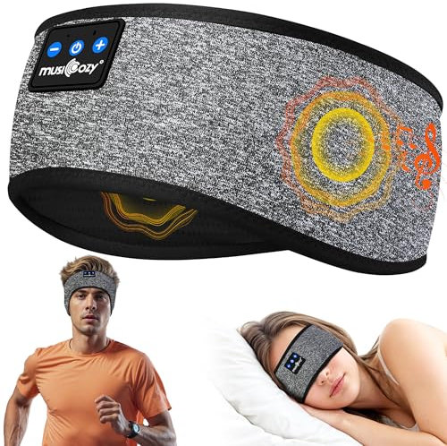 MUSICOZY Schlafkopfhörer Bluetooth 5.4, Schlaf Kopfhörer Stirnband Sport-Kopfhörer Headband Kopfhörer Schlafen Band mit Spielzeit 14+STD/HiFi Stereo Musik Grau (Himmelgrau, L)