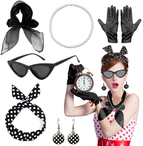 NebulaGlam 50er Jahre Accessoires Damen, 8 Stück Rockabilly Accessoires Damen für Karneval, 1950s Kostüm Set mit Chiffon Schal Handschuhe Sonnenbrille Polka Dot Bandana Ohrringe Halskette(Schwarz)