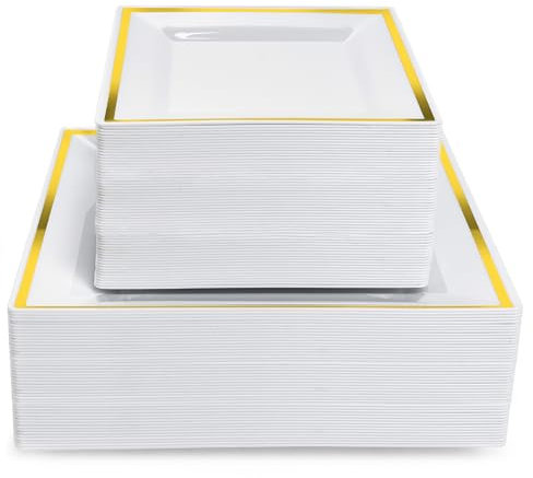 MATANA 120 Platos de Plástico Cuadrados Blancos Premium con Borde Dorado - 2 Tamaños: 24cm y 16cm - Elegantes, Reutilizables y Resistentes - Bodas, Cumpleaños, Navidad, Fiestas