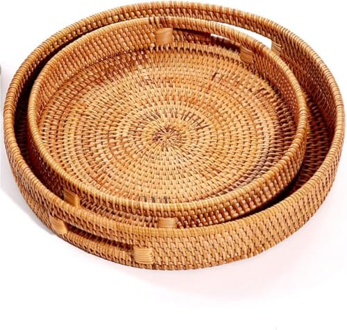 Dudoplatz Rundes Rattan Serviertablett mit Ausgeschnittenen Griffen, Handgeflochtenes Dekoratives Tablett, einsetzbar für Frühstück, Getränke, Snacks und Kerzen (2er-Set: 25 cm, 30 cm)