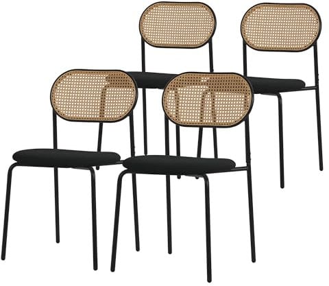 ML-Design Juego de 4 Sillas de Comedor Color Negro Asiento Moderno de Cocina con Respaldo Curvado de Rejilla Tapizado con Patas de Metal, Mueble sin Reposabrazos Sillón Ratán Moderno para Salón