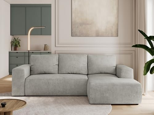 MKS MEBLE Sofa mit Schlaffunktion - Ecksofa mit Schlaffunktion und Bettkasten - Sofa 3 Sitzer - Schlafsofa - Couch - Schlafsofa mit Bettkasten - Trentino L - Hellgrau Stukture - Rechts