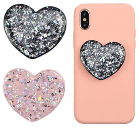 Set of 2 Universal Heart-Shaped Phone Grip Holder with Stand,Finger Grip with Kickstand - Compatible with Smartphones, Mobiles & Cases (Pink&Black)