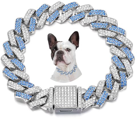 Blaues Hundehalsband, Bling Diamant kubanisches Ketten-Hundehalsband Glitzer-Strassstein-Welpenkette für kleine, mittlere und große Haustierhunde 40,6 cm
