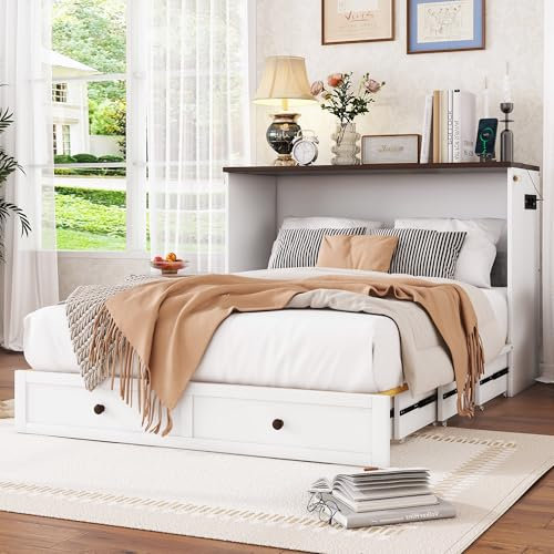 YuQozii Schrankbett, 140 x 200, Mobiles Schrankbett mit Schubladen am Bettende und Regal am Kopfende des Bettes, mit USB und Steckdose, Umbaubares Plattformbett, Ohne Matratze, weiß