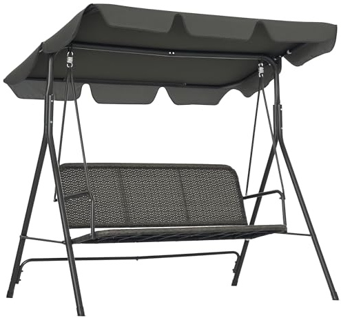Outsunny 3-Sitzer Gartenschaukel Outdoor Gartenschaukel mit verstellbarem Vordach PE Rattan Sitz und Armlehnen für Balkon Terrasse Patio Belastung 240 kg 167x112x153 cm Grau