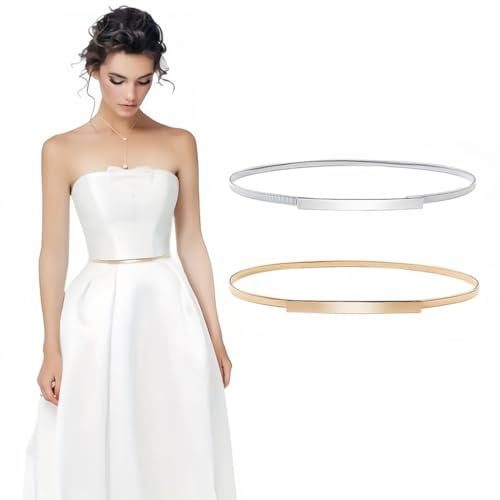 WUSJCOF 2PCS Cintura Gioiello Donna Oro e Argento Elegante, Cintura Elastica Donna Sottile in Metallo con Strass, Accessori Moda per Abiti e Cerimonie
