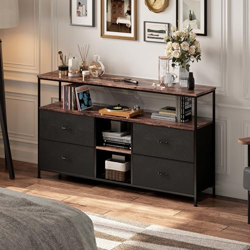 JiaOyu Mueble de TV con iluminación LED y 4 cajones de tela, armario bajo retro para televisores de hasta 55 pulgadas, mesa de televisión multifuncional con compartimentos abiertos para salón (negro/4