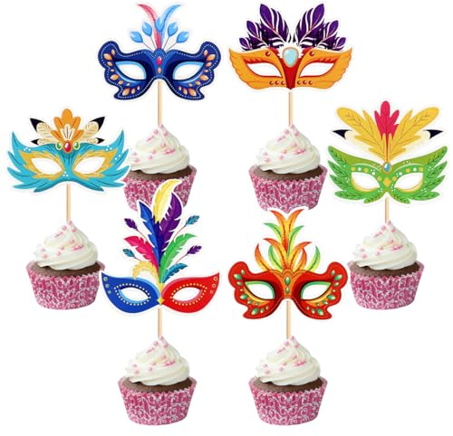 Masquerade Mask Cupcake Toppers, Pack of 24 Masquerade Ball Cake Decoration, Masquerade Party Decoration for Anniversaries, Birthdays, Weddings and Mask Theme Parties