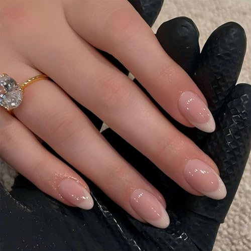 French Tip False Nails - Short Almond Press on Nails - 24Pcs Elegant Nude Base French Nails - Soft Gel Short Fake nails with Glue - Reusable Stick on nails for Woman Girls