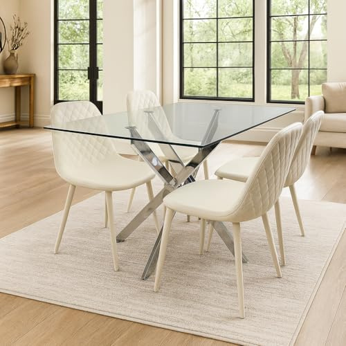 KOSY KOALA Rectangular Chrome Glass Table with 4 Cream Leather Chairs
