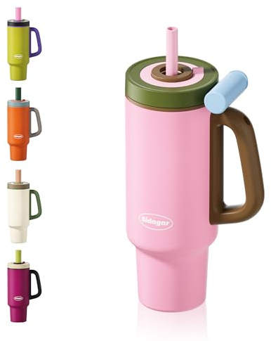 Thermobecher mit Strohhalm 1.1L-12 Stunden Eisgekühlt, Auslaufsichere Trinkflasche mit Deckel, Doppelwandige Vakuum-Thermosflasche mit Henkel, Isolierte Edelstahlflasche,BPA-Frei Trinkbecher-Rosa