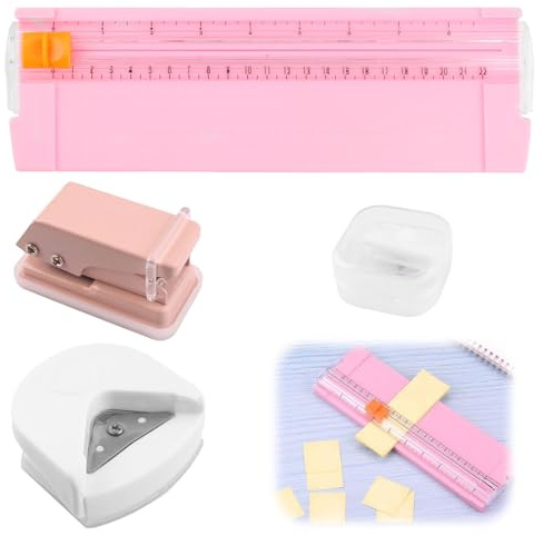 Kit Coupe Papier pour Travaux Manuels, 3pcs Coupe Papier Portable - Massicot A5 avec Lame de Rechange, Couper Coins Arrondis et Perforatrice à Papier Monotrou de 3 mm pour Papier, Photos, Etiquettes