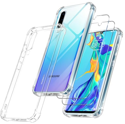 Vauki Chiaro Cover per Huawei P30 con 2 Pezzi Pellicola in Vetro Temperato, Custodia Antiurto Trasparente con Paraurti in TPU, Morbido Sottile Anti Ingiallimento Case per Huawei P30