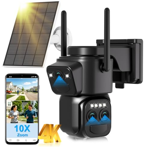 10X Zoom 4K Solar Outdoor Security Camera Wireless 2.4G WiFi with 3 Lens | 360° PTZ, Human Auto Tracking, Siren, Night Color, Two-Way Audio, IP66, Ideal for Home/Porch/Garage/Yard/Warehouse/Farm/Store