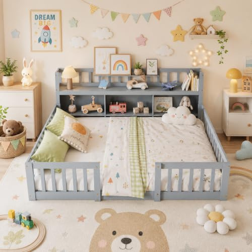 OLIVIBED Bodenbett Kinderbett 140x200 cm, Montessori Bett mit Rausfallschutz & Bücherregal, Doppelbett aus Holz mit Babytür, Junge und Mädchen, Niedrige Einstiegshöhe, Grau
