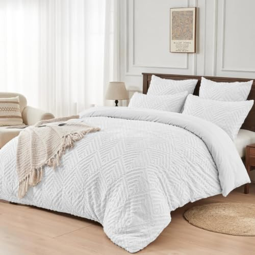 YASMENG Boho Bettwäsche 155x220 Weiß Geometrisch Getuftet | Bettwäsche Boho Böhmisch Aesthetic Modern Weich Mikrofaser Bettbezug Set 3 Teilig mit Reißverschluss und 2 Kissenbezüge 80x80