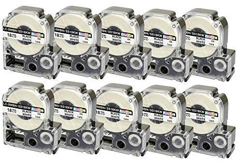 10 Kassetten LC-5WBN LC-5WBN9 SS18KW schwarz auf weiß 18mm x 8m Schriftband kompatibel für Epson LabelWorks LW-300 LW-300L LW-400 LW-500 LW-600P LW-700 LW-900P LW-1000P Beschriftungsgerät
