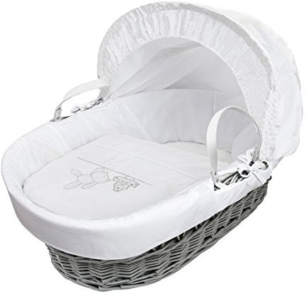 ELEGANT BABY White Teddy Wash Day Grey Wicker Moses Basket with Full Bedding Set, Adjustable Hood, Fibre Mattress & Padded Liner