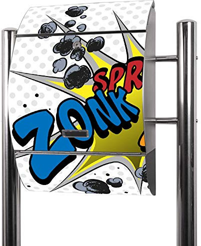 banjado® Standbriefkasten Edelstahl mit Zeitungsfach Motiv Comic / Briefkasten mit Standfuß & Namensschild / Edelstahl Briefkasten freistehend - A4 Einwurf inkl. 2 Schlüssel
