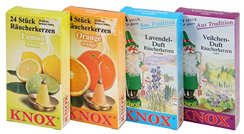 Knox Räucherkerzen 4er Set - Frühlingsdüfte - Düfte: Lemon, Orange, Lavendel, Veilchen - Menge: 96 - Made in Germany
