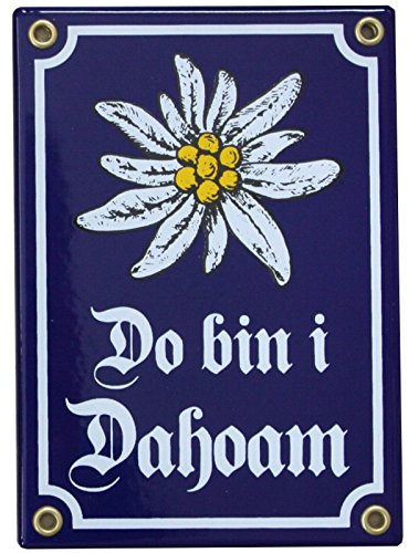 Do Bin i Dahoam Emaille Schild mit Edelweiß 12 x 17 cm Emailschild blau