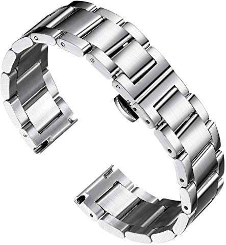 BINLUN Edelstahl Uhrenarmband Ersatzarmband Poliert Metall Uhrenarmbänder Matt Gebürstet Metallarmband für Herren Damen mit Schmetterlingsschnalle(Gebürstetes Silber 20mm)