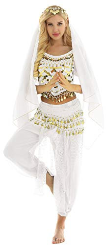 CHICTRY Bauchtanz Kostüm Damen Sexy Set Pailletten Glitzer Top Kurzarm Oberteil mit Haremshose Münzen Hüfttuch Kopftuch 4tlg Karneval Tanzkostüm Weiß Einheitsgröße