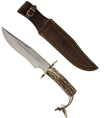 Muela Cuchillo de Caza MAGNUM-23A con Hoja de Acero Inoxidable MoVa de 23 cm y empuñadura de asta de Ciervo de 23 cm para Caza, Pesca, Supervivencia y Bushcraft + Portabotellas de Regalo