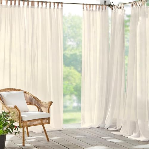 Elrene Home Fashions Darien Weatherproof Tab-Top Sheer Solid Color Indoor/Outdoor Curtain Panel for Porch, Pergola, Patio, Deck, 52”W x 95”L, Ivory