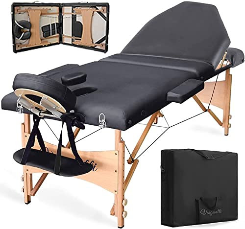 Vesgantti Table de Massage Pliante Professionnelle, Lit de Massage 3 Zones Bois, Table Esthetique Cosmetique Tatouage Portable, Hauteur Réglable avec Repose Bras - Noir