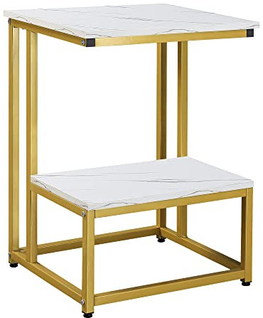 HOMCOM Table Basse Moderne Salon Table d'appoint Chambre guéridon Bout de canapé Design Structure Acier doré Plateau étagère Aspect marbre Blanc