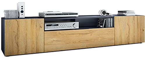 Vladon TV Board Mogan 181 x 39 x 35 cm, langes Lowboard mit 6 Fächern, Korpus in Anthrazit Matt, Fronten in Eiche Natur